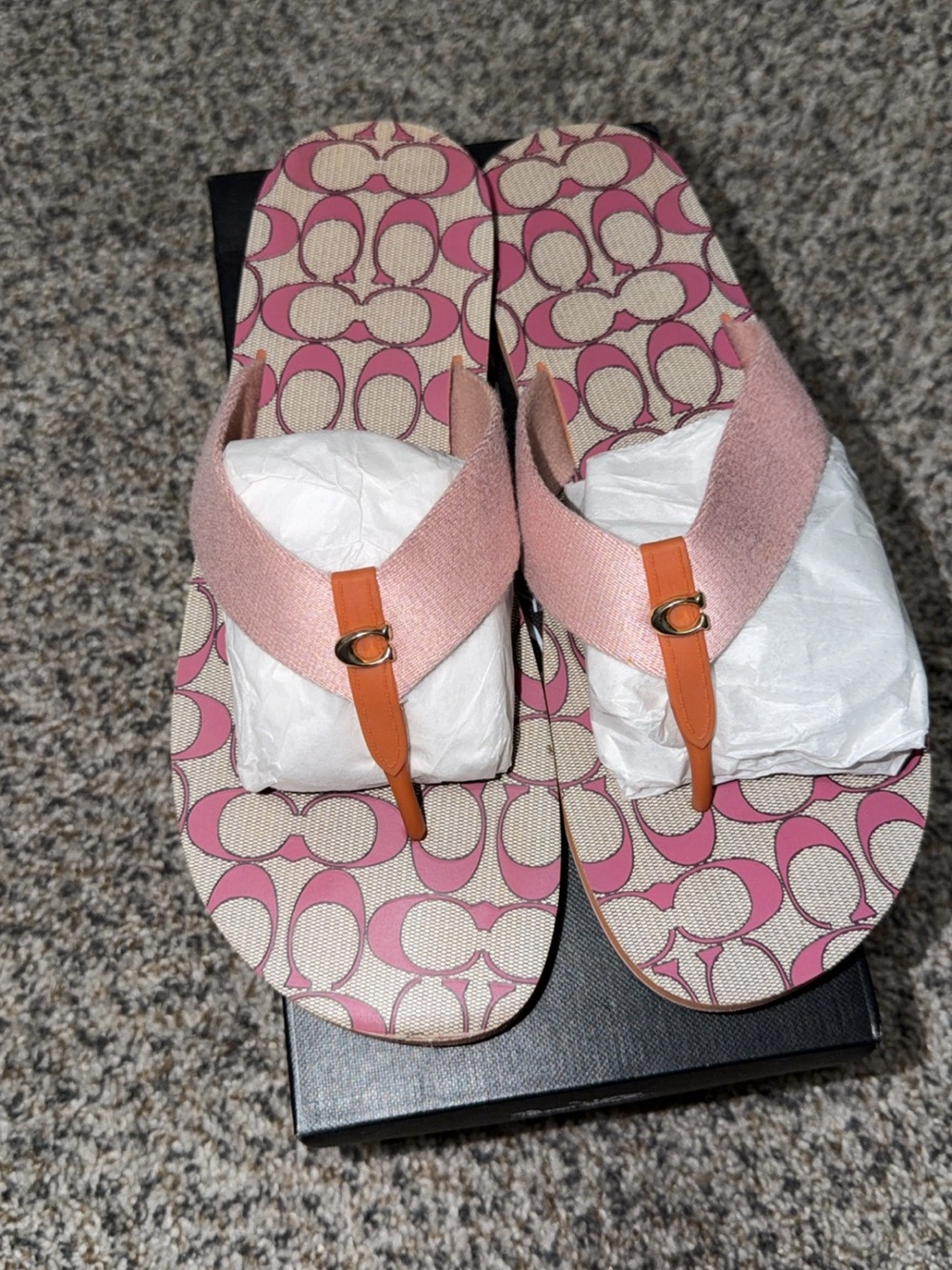 Coach Pink Monogram Thong Sandals with Tan Leather Accents